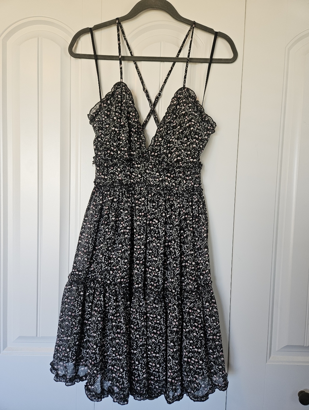 She + Sky Black Floral Smocked Mini Dress with Pink Accents Size Medium
